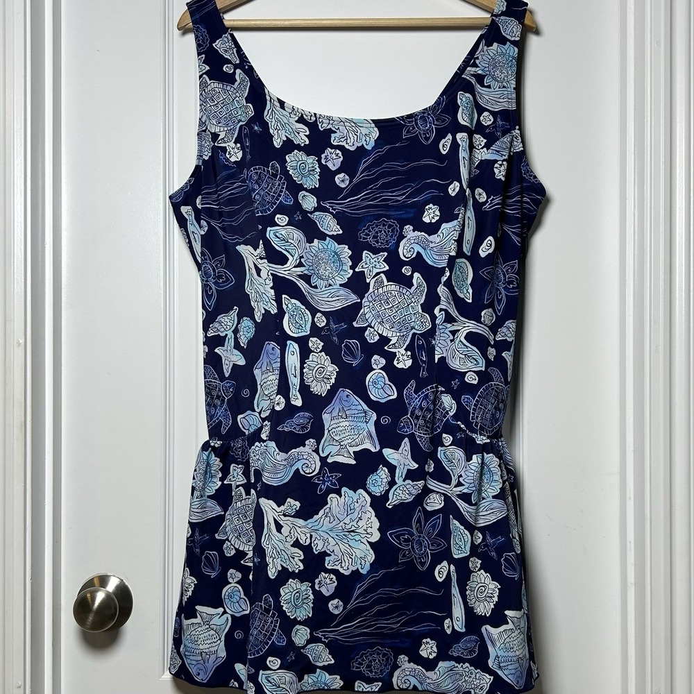 Sporti Navy Sea Turtle Ocean Print Skirted One Piece Swimsuit Coastal Chic Style